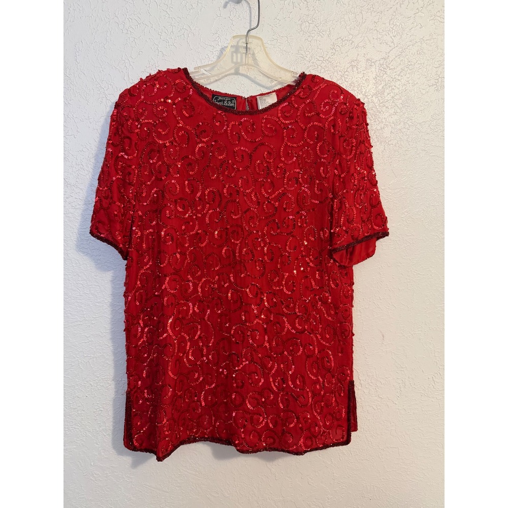 Jean for Joseph Le Bon Red Silk Sequin Swirl Short Sleeve Blouse Vintage Sz 12